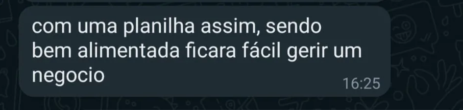 Mensagem de cliente: com uma planilha assim, sendo bem alimentada ficará fácil gerir um negócio